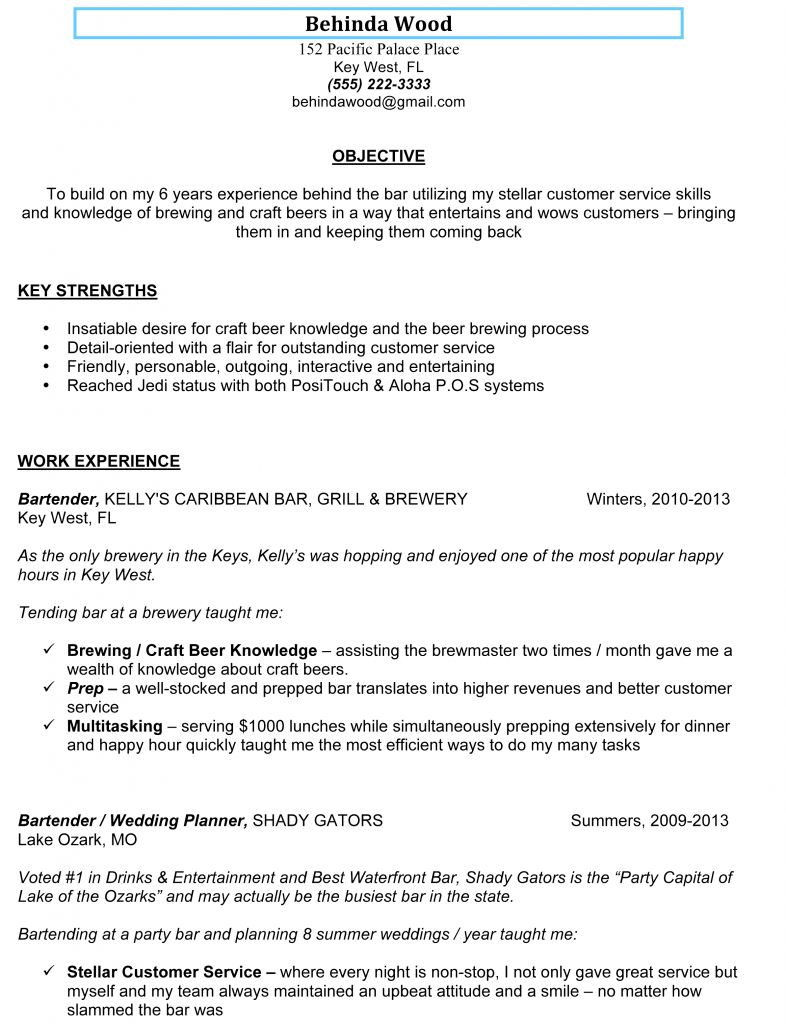 Sample bartending cover letter