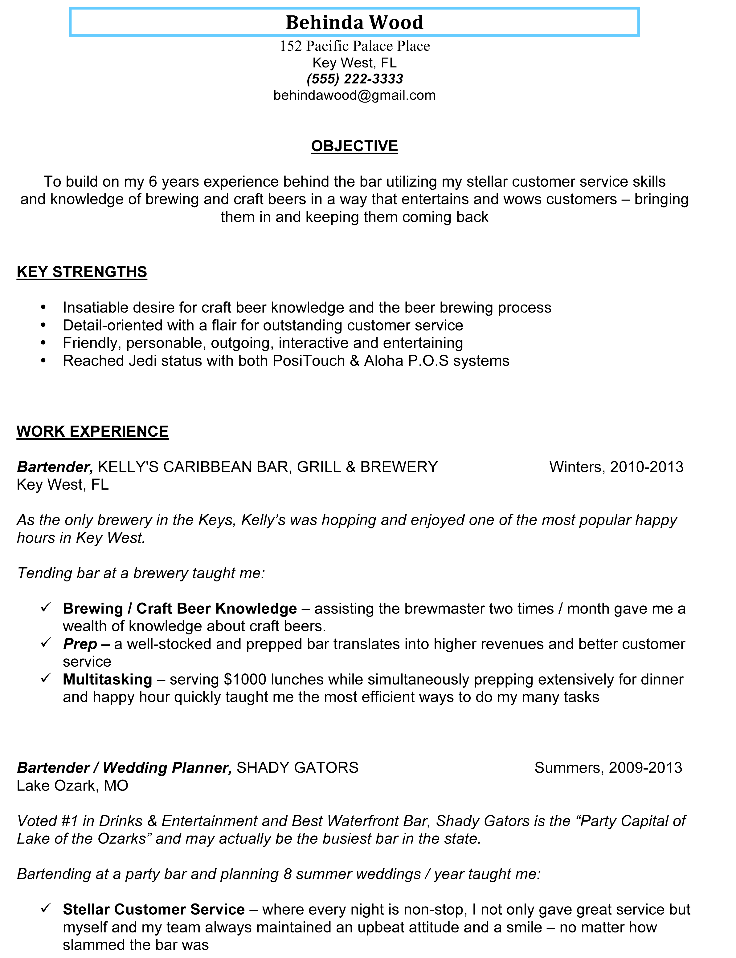 Bartender resume sample   career enter